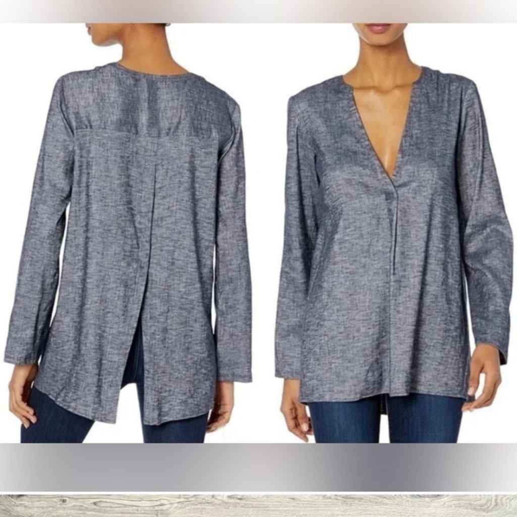 Theory Ofeliah V-Neck Pleated Split Back Tunic Tierra Wash Linen Blend